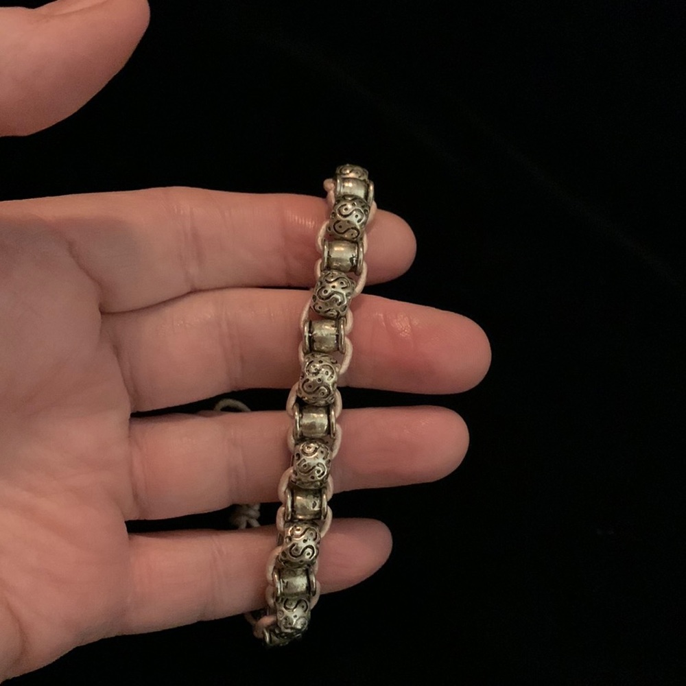 Cute silver bead boho bracelet.  Handmade. Pink leather.  6 1/2 to 7”